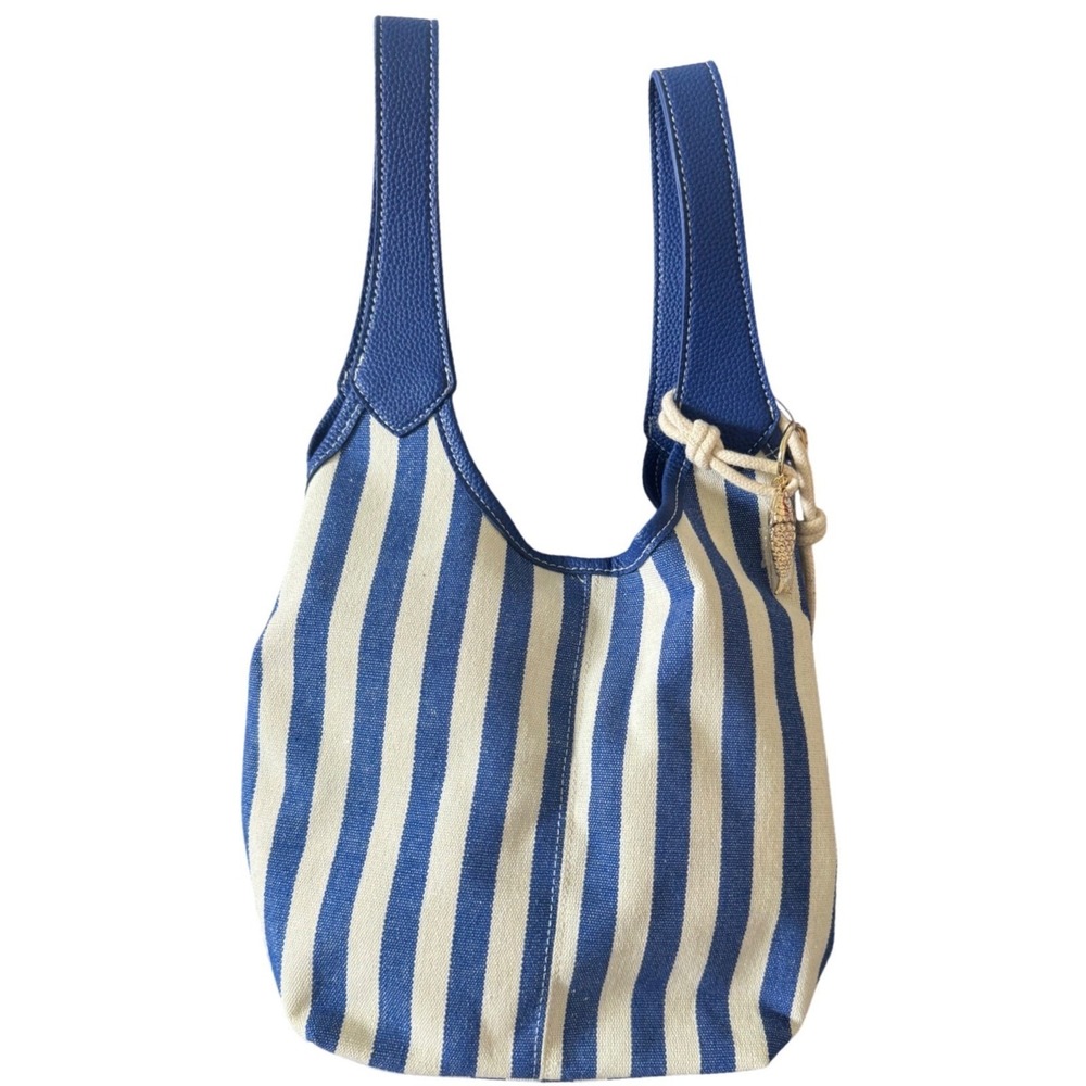 House‎ of Harlow 1960 Faux Leather  Trim Striped Blue White Tote Bag  Charm Bag